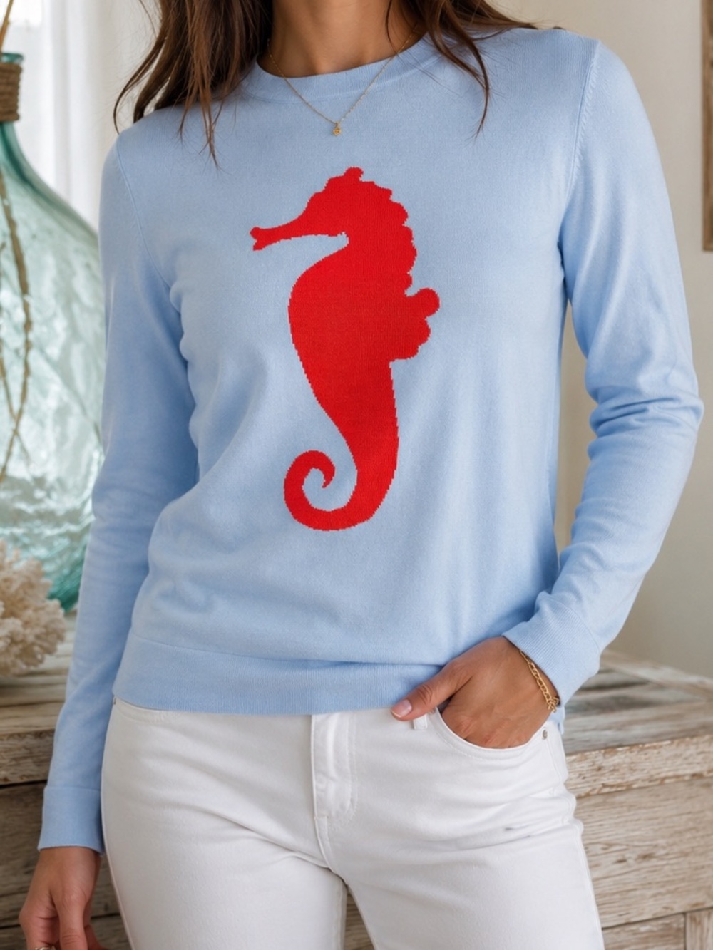 Etcetera Light Blue Sweater with Red Seahorse Women Medium M